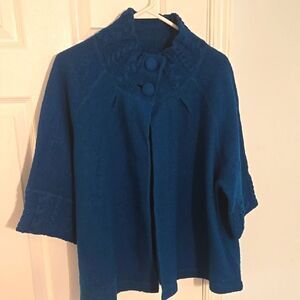 For Cynthia Blue Shrug with Open Front and Relaxed Fit 100 percent wool